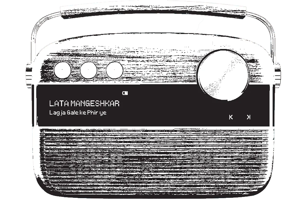 Saregama Carvaan playing Lata Mangeshkar, crossed with a blue scribble
