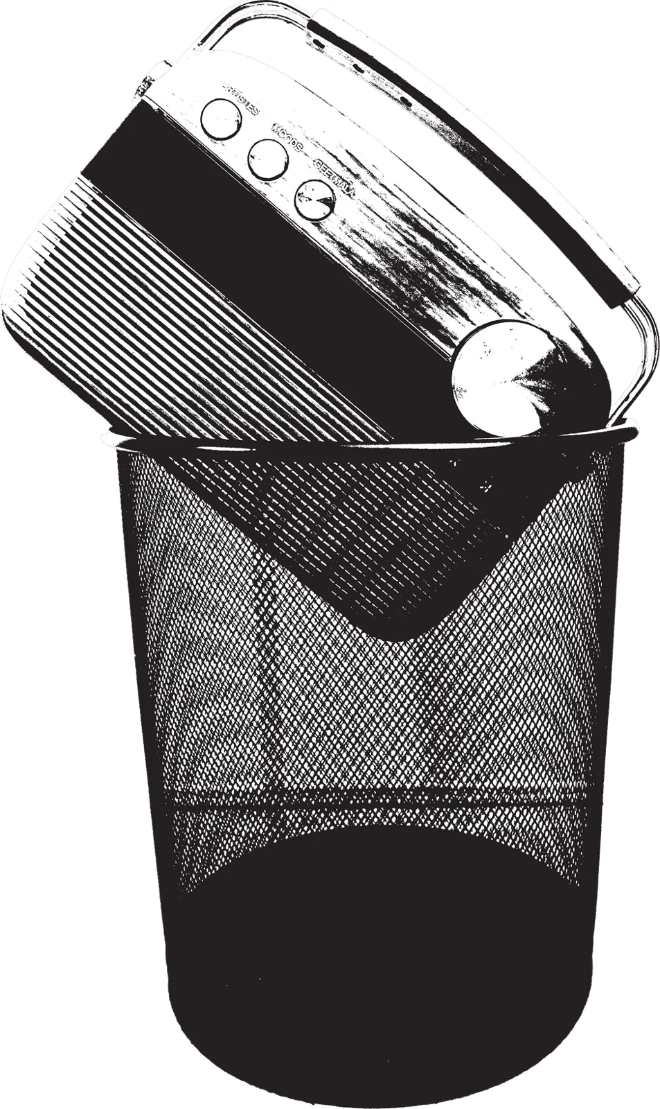 A Saregama Carvaan tipped into a wire wastebasket